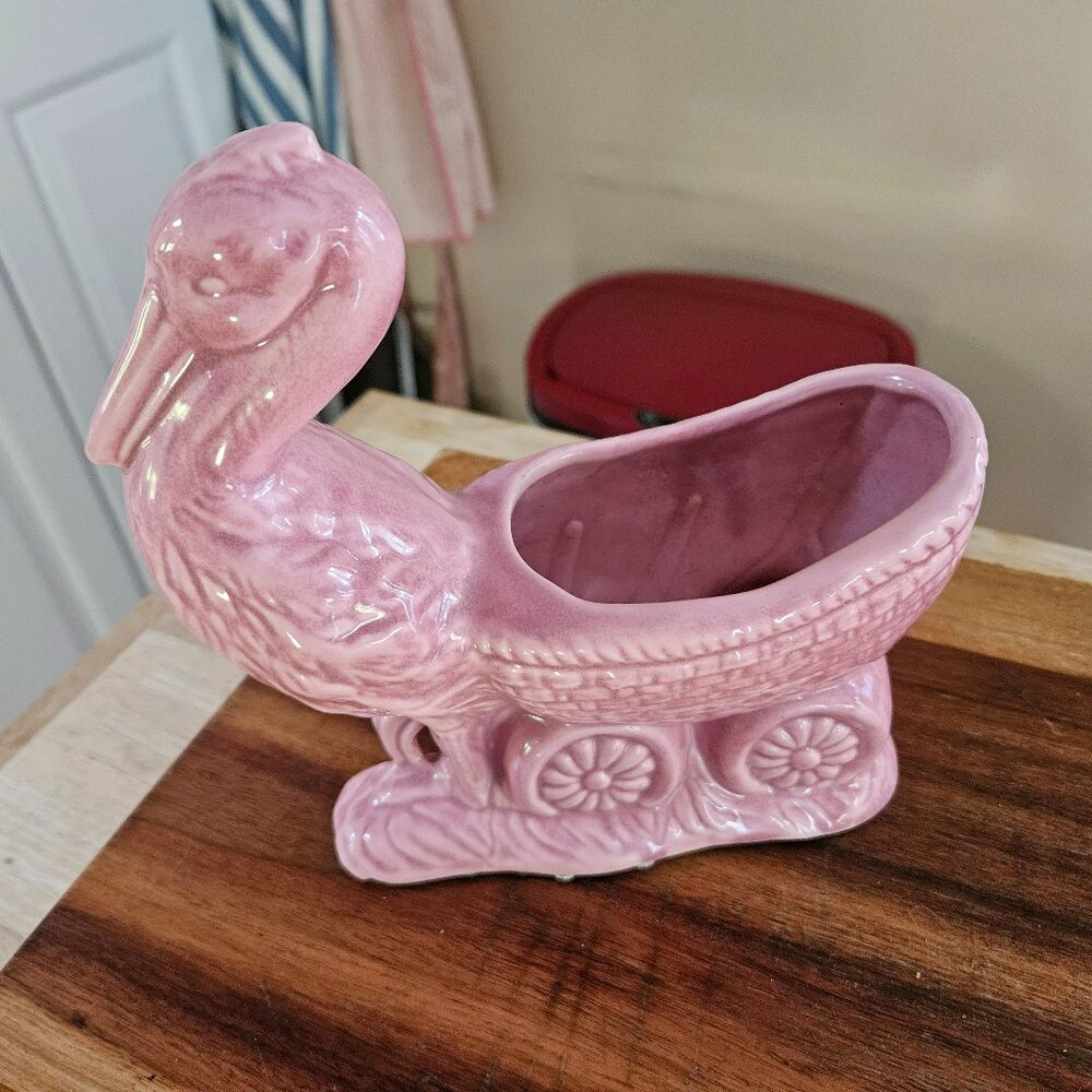 vintage pink ceramic stork planter  Roseville pottery